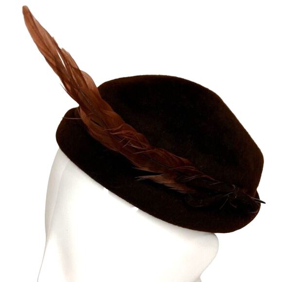 Vintage Henry Pollak Fascinator 30s 40s Selkirk Brown Wool Feather Topper Hat - Picture 1 of 7